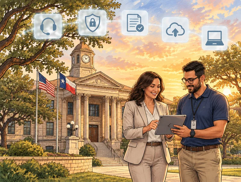 Editorial illustration of a city clerk and a Cendien IT engineer reviewing a tablet outside a Texas city hall, with help desk, security, records, cloud backup and laptop icons overhead