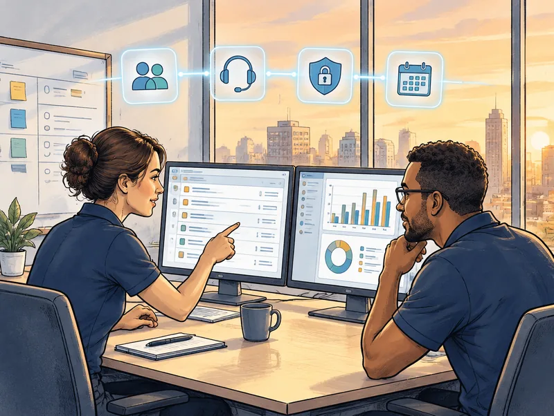 Editorial illustration of an in-house IT administrator and a Cendien engineer sharing a ticket queue and monitoring dashboard at one desk, with team, help desk, security and scheduling icons overhead