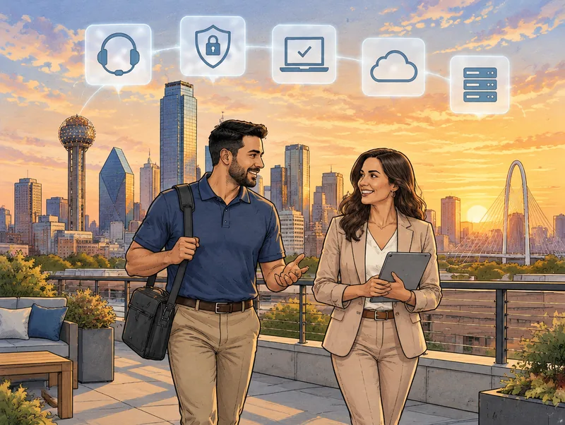 Editorial illustration of a Cendien IT technician and an office manager talking on a rooftop terrace above the Dallas skyline at sunset, with help desk, security, device, cloud and server icons overhead