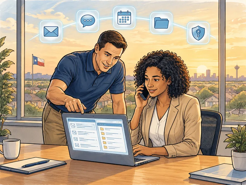 Editorial illustration of a Cendien IT consultant helping an employee with email and files on a laptop, with email, chat, calendar, file and identity security icons overhead