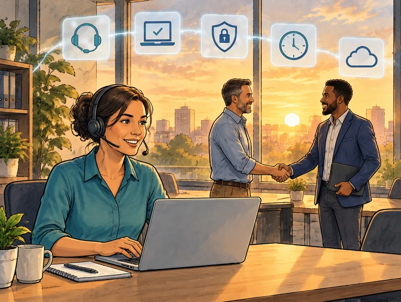 Editorial illustration of a help desk technician wearing a headset at a laptop while a business owner shakes hands with an IT account manager, with help desk, device, security, response time and cloud icons overhead