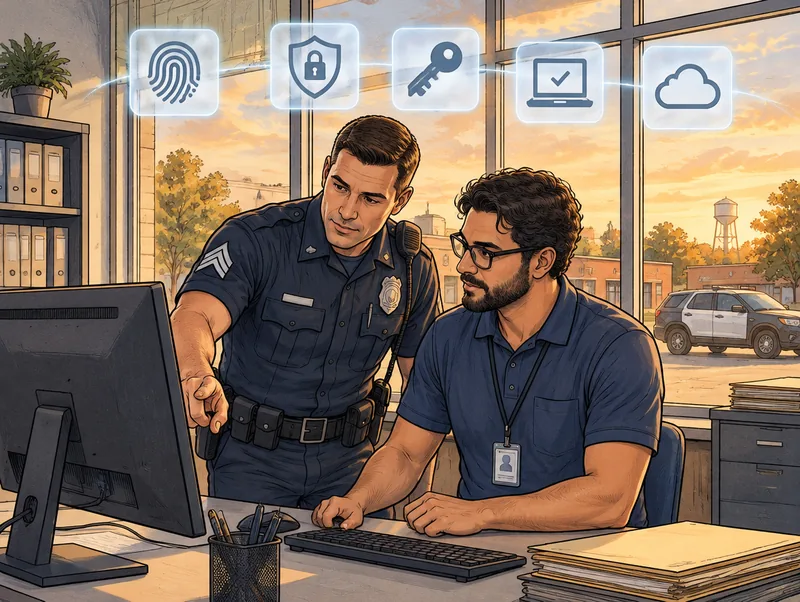Editorial illustration of a police sergeant and a Cendien IT technician working at a computer in a police department records room, with fingerprint, multi-factor authentication, key, device and cloud icons overhead