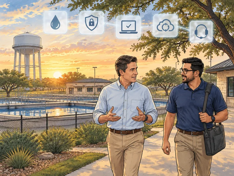 Editorial illustration of a utility district manager and a Cendien IT engineer walking past a water treatment plant and water tower, with water, security, device, backup and help desk icons overhead